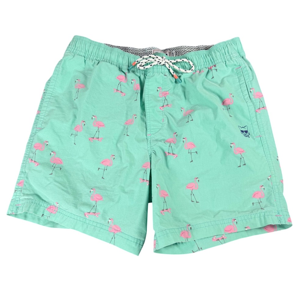 Party Pants Mens Mint Green Flamingo Skateboard Print Swim Trunks Medium